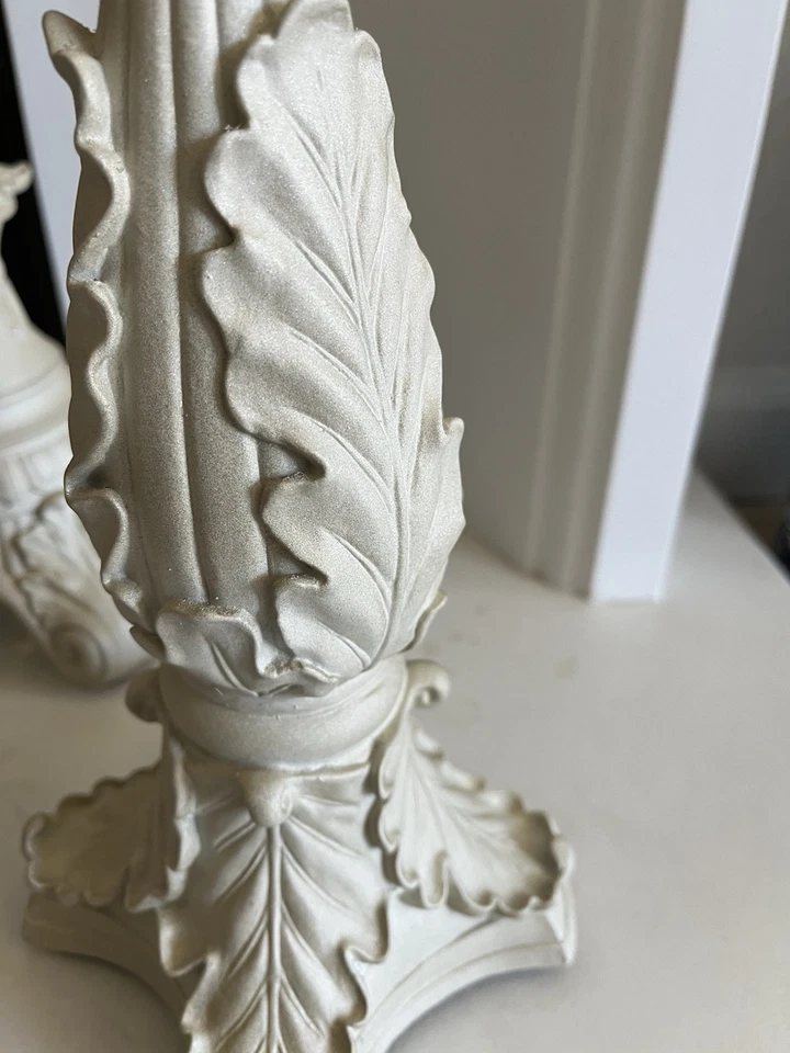 Set of 3 Farmhouse Distressed White Pillar Candle Holders Ornate Shabby Chic  - Image 2 of 4