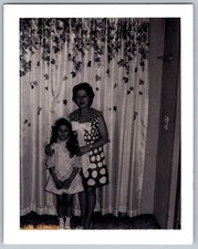 Vtg B&W Snapshot Woman Girl Polka Dot Dress Leaf Curtains 1970s Portrait Photo
