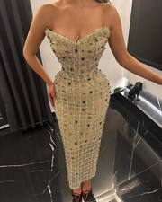 Midi Long Ankle Length Champagne Party Dress Beads Pearl Wedding Guest Prom Gown