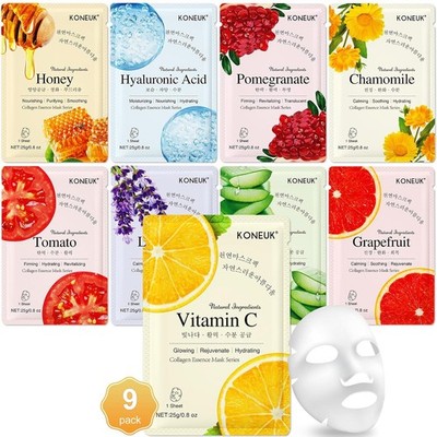 KONEUK 9 Pack Collagen Sheet Face Masks Skincare Hydrating Bulk Facial Gift Set