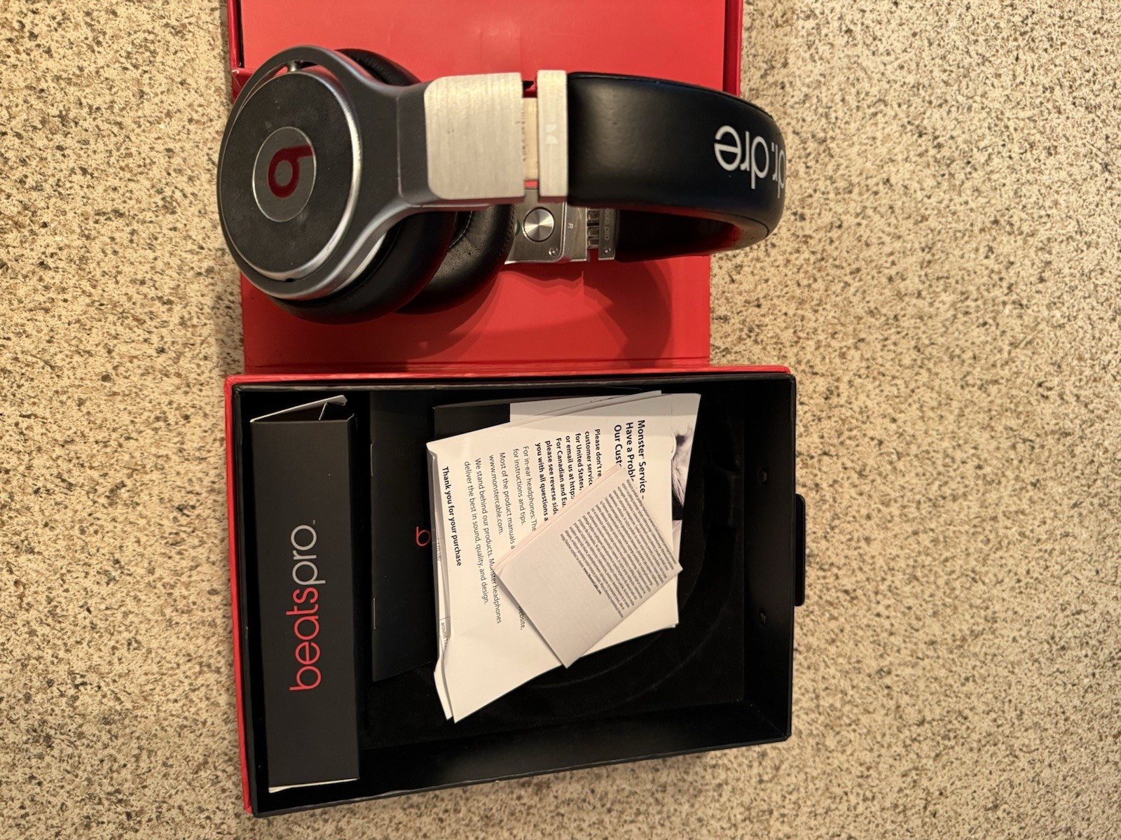 Monster Beats Pro by Dr. Dre Headphones Silver W Box Papers Cords & Bag Tested 