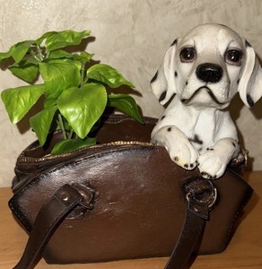Dalmatian Puppy Planter Dog Figurine In Purse Flower Pot w Artificial Plant
