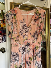 Eliza J Pink Floral Chiffon Maxi Dress V-Neck Ruffle Sleeve Lined Zip 10