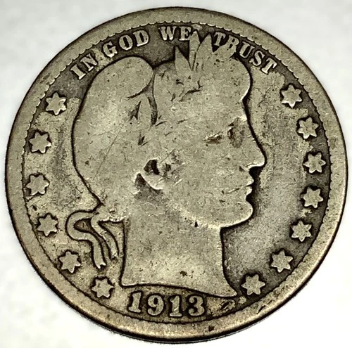 1913-D Barber Quarter Dollar 25 Cents VG Very Good Condition - 1884