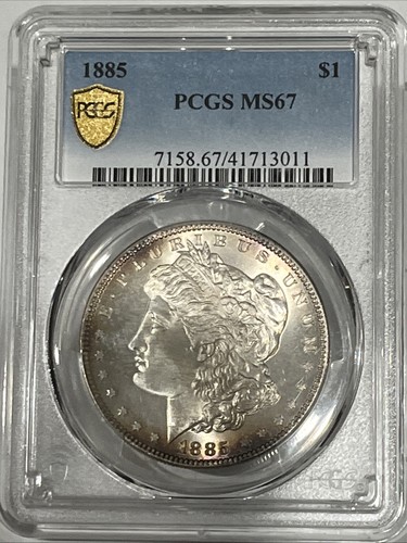 1885-P MORGAN SILVER DOLLAR, PCGS MS67. EXTREMELY CLEAN. GREAT TONING