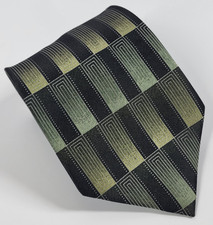 Joseph  Feiss Silk Tie Black Gold Green Gray Geometric Men Necktie Long 61 x 4