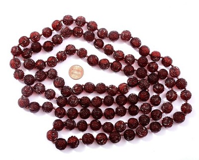 175G Chinese Translucent Cherry Amber Bakelite Faturan Carved 106 Bead Necklace