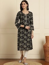 Indian Women BEAUTIFUL Black COTTON Floral Printed Kurta Kurti Top Tunic Dress