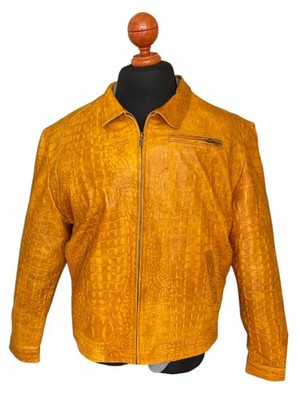 Men s Mustard Crocodile Embossed Leather Jacket Biker Cafe Racer Style 