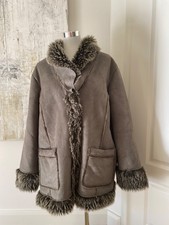Damen Wintermantel taupe grün grau Velourleder-Pelzmantel 46 48 Winterjacke TOP