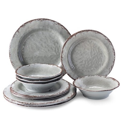 Farmhouse Melamine Dishes Dinnerware Set, 12 Piece Rustic Plates and Bowls