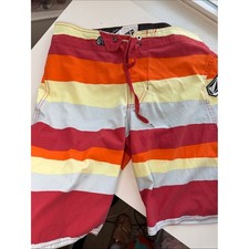 Volcom Multicolor Red Orange Striped Swim Trunks