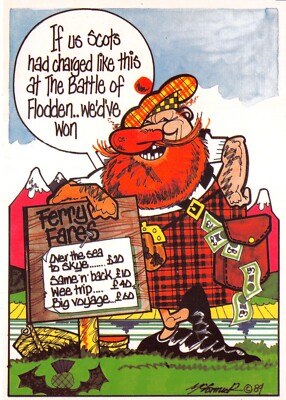 SCHOTTISCHE COMIC POSTKARTE FÄHRTARIFE KONTINENTALE GRÖSSE UNBENUTZT SEHR GUT/ POSTFRISCH
