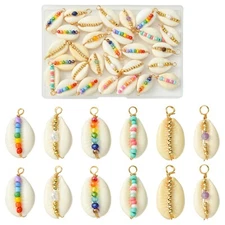 30Pcs 6Styles Natural Cowrie Shell Charms Ocean Theme Pendants w/ Beads