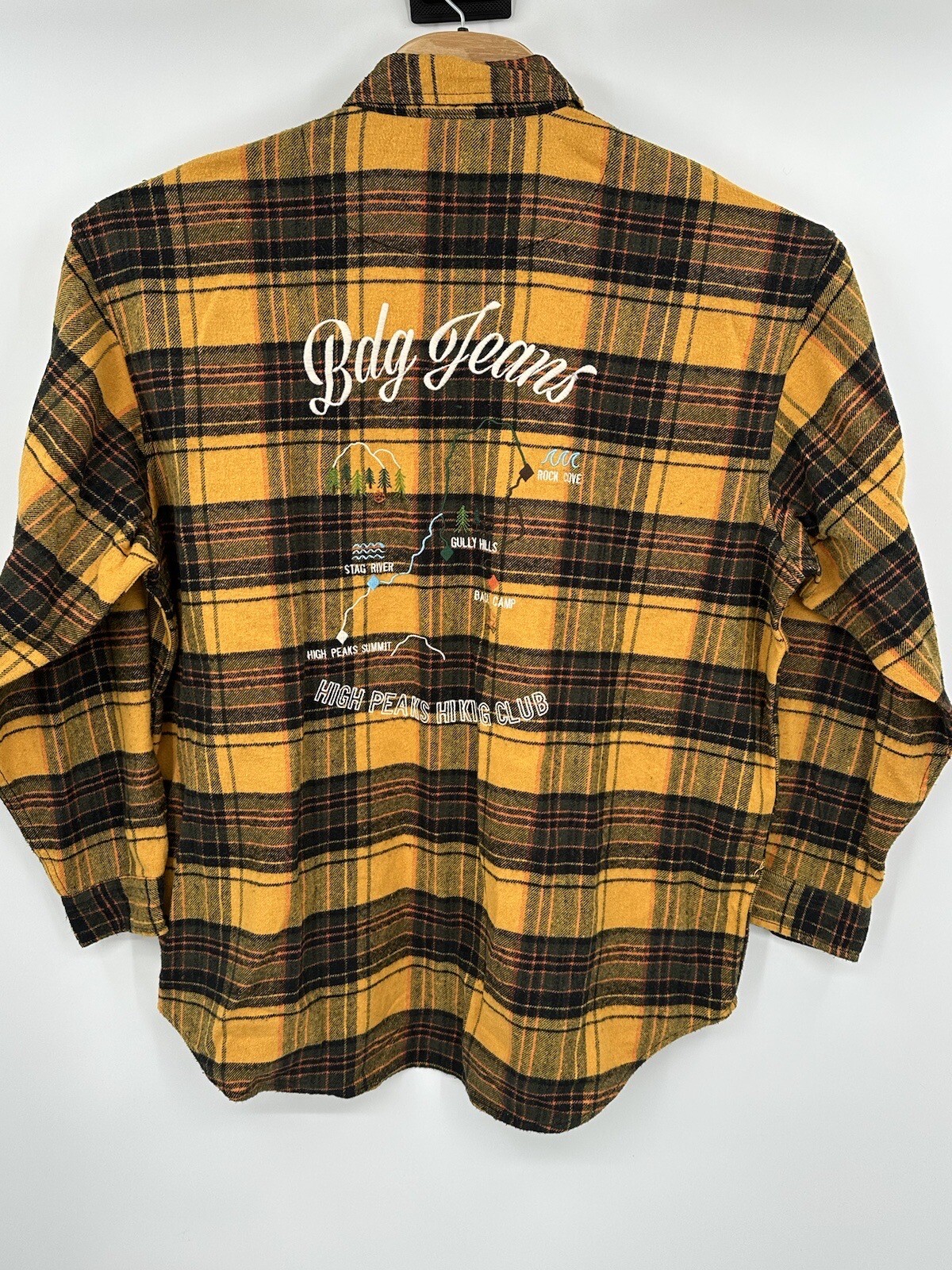 New BDG Jeans Urban Outfitters Yellow Plaid Map Embroidered Heavy Flannel LGE