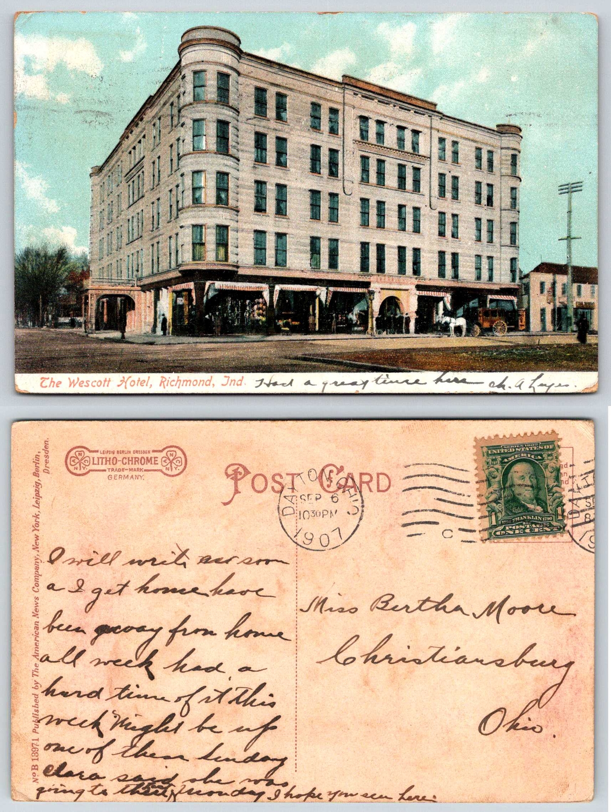 Richmond Indiana WESCOTT HOTEL Postcard L91 eBay