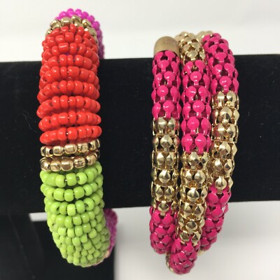 Lot of Continuous Bead Bracelets Helix Coil Multi Strand Red, Pink, Green 