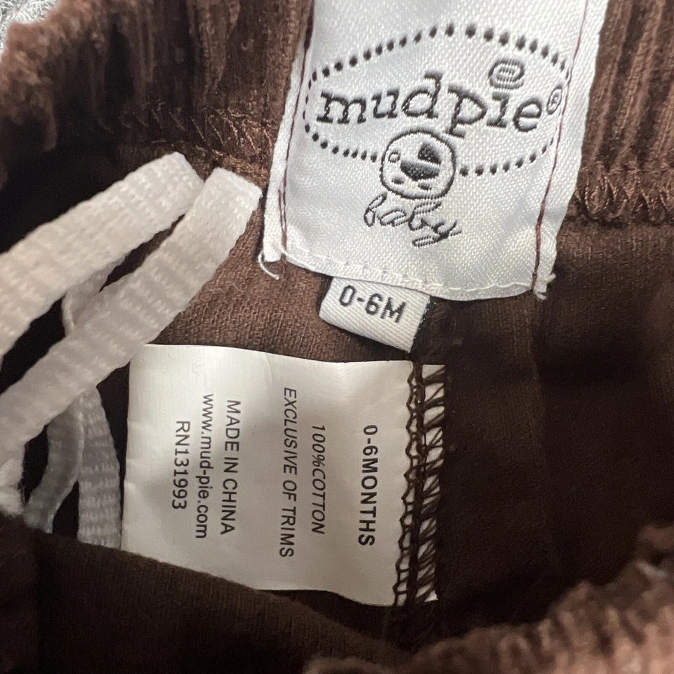 Calça de bebê Mud Pie meninos 0-6 meses veludo marrom puxar bolsos elásticos na cintura - Imagem 2 de 4