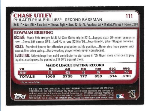 Chase Utley 2011 Bowman BLU #111 #065/500 Philadelphia Phillies - Foto 2 di 2