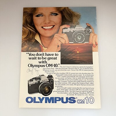 1981 Olympus OM-10 Camera Cheryl Tiegs Model Print Ad Original