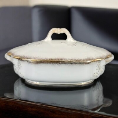 Vintage Dresden Warranted China Vegetable Dish with Lid White Gold Trim Floral