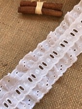 Lace Broderie Anglaise Insertion Slot Double Gathered Trim White or Ivory 6 cm