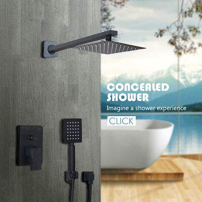 8"Black Rainfall Shower Head Set Bathroom Wall Mounted Hand Spray Mixer Faucet 