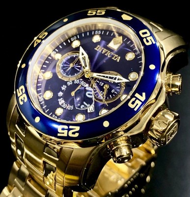 Invicta Pro Diver SCUBA Chrono VD53 18kt Gold Plated Men's Watch, Gold/Blue NIB