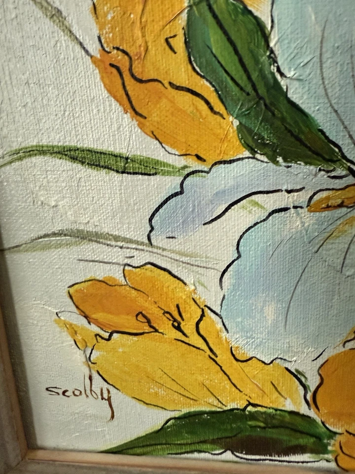 Pintura a óleo sobre tela vintage assinada por S. Colby flores silvestres azuis amarelas 23” x 19” - Imagem 3 de 4