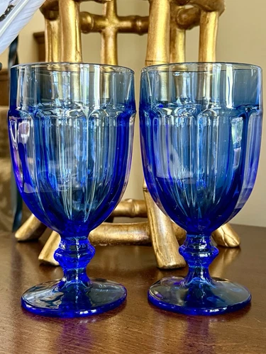Vintage Libbey Gibraltar Duratuff Cobalt Blue 2 Iced Tea Water Glasses Goblets