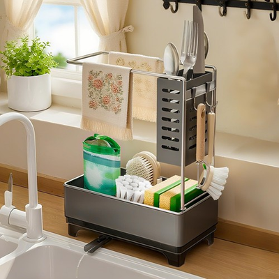 #ad Grey 2 Tier Sink Caddy Sponge Holder Drain Holes Hooks Kitchen Organizer $35.96