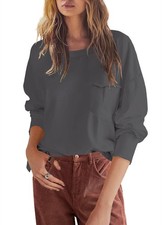 Women s Crewneck Sweatshirt Long Sleeve Loose Fit Top w/ Pockets Dark Grey S
