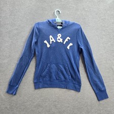 Abercrombie  Fitch Women Hoodie M Blue A F Logo V Neck Fleece Pullover READ