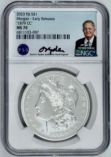 2023 Fiji 1 oz Silver Morgan 1879 CC Dollar $1 NGC MS 70 PSS Ryder Signed ER