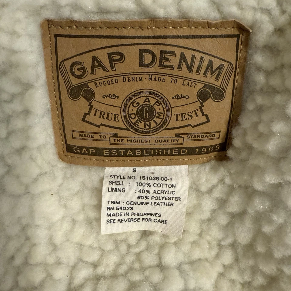 Vintage 90s Gap Denim Vest Sherpa Lined Mens Small Pockets Button Leather Trim - Image 4 of 4