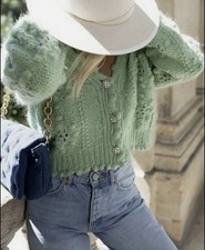 Zara Green Textured Weave Knit Cardigan Gem Crystal Button No Returns