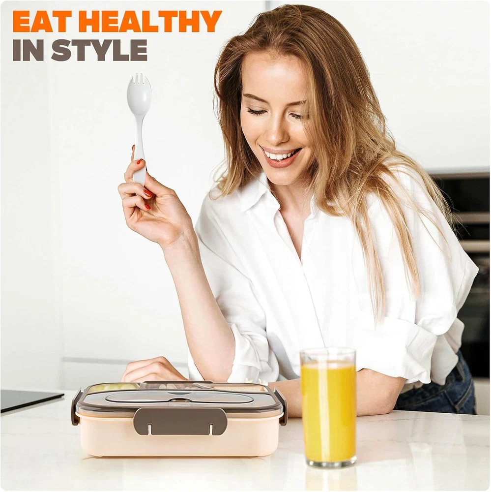 Bento Box Adult Lunch Box 4 Compartments Bento Style Lunchbox Portable Cream