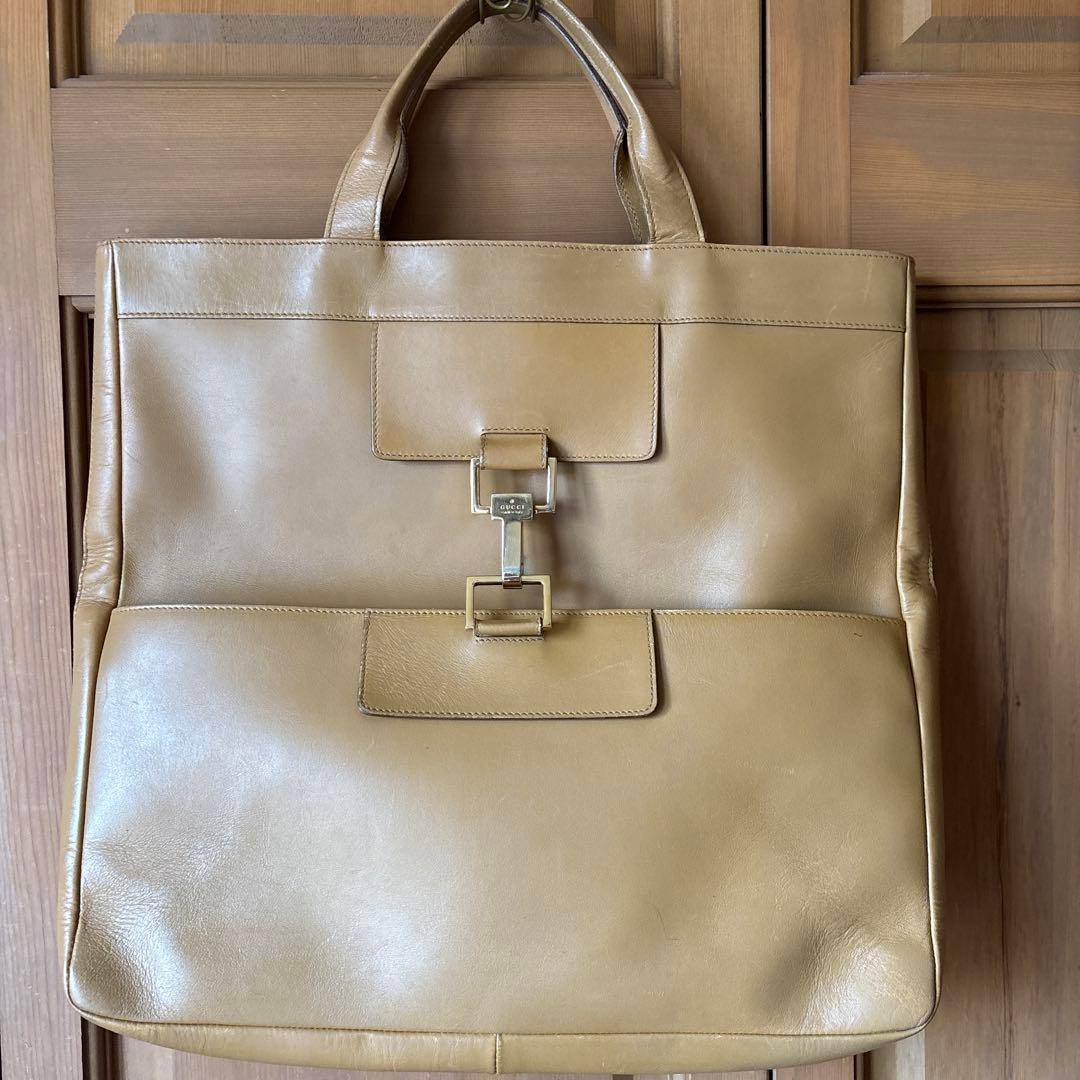 GUCCI Solid Rectangle Tote Hand Bag Leather Beige… - image 19