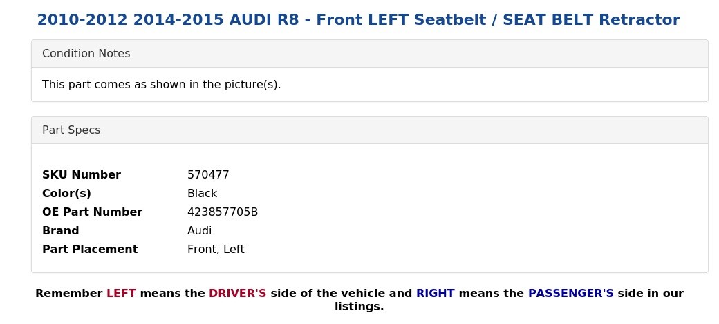2010-2012 2014-2015 AUDI R8 - Front LEFT Seatbelt / SEAT BELT Retractor