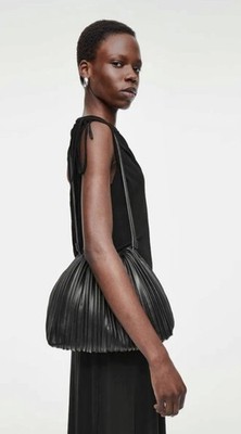 COS Scallop Pleated Black Leather Medium Tote Double Strap Limited