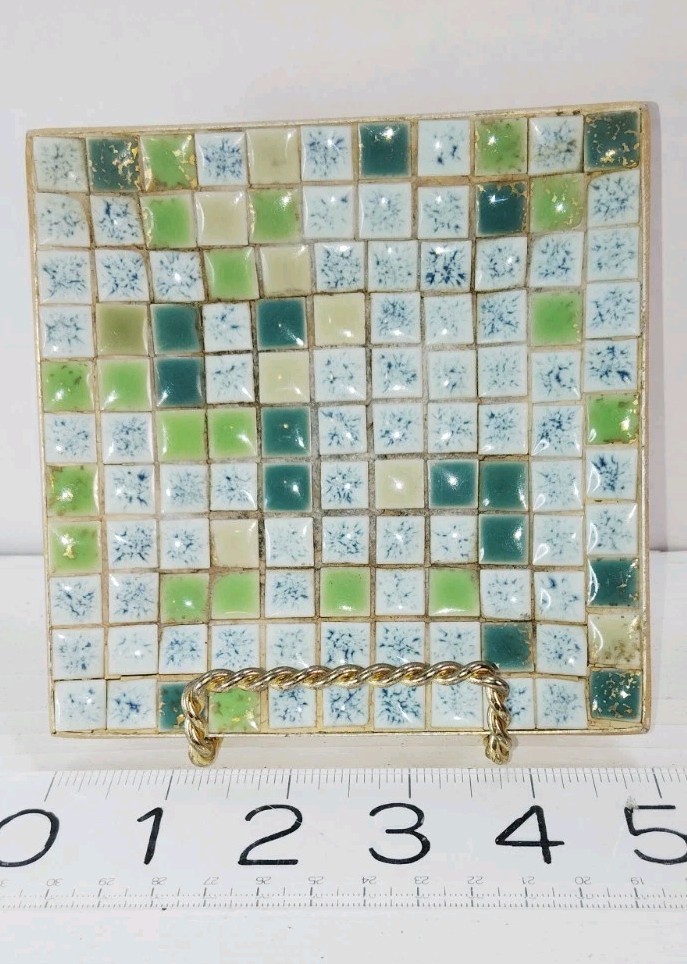 Retro Mid Century Core Tiled Dish Tray Trinket Dish Green Blue Gold 5" Square