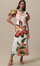 Anthropologie Maxi Dress Puff Sleeve Floral A Line Preppy Boho Resort Small NWT