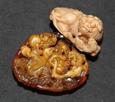 Antique Chinese carved amber & soapstone pendents, Qing Dynasty, 18th century.