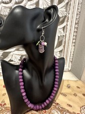 Handmade Multicolored Matching Beaded Necklace Earrings Wood/Glass Beads Set