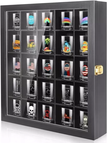 Shot Glass Display Case: Wall-mounted, 25-slot, black holder with door.