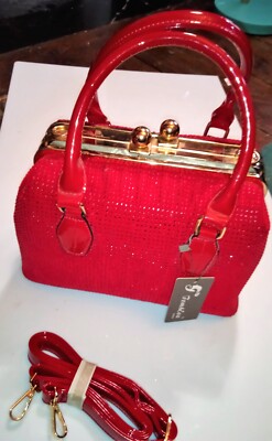 TOM & EVA TASCHE HARTSCHALE RUBINROT UND GOLD STRASS