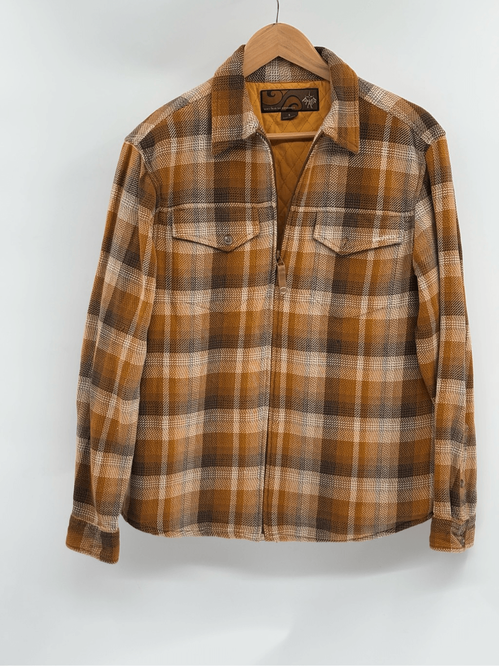 Men's Prana Shacket - Tan Brown Plaid Flannel Zip-Up Long Sleeve Shirt Jacket Size Small