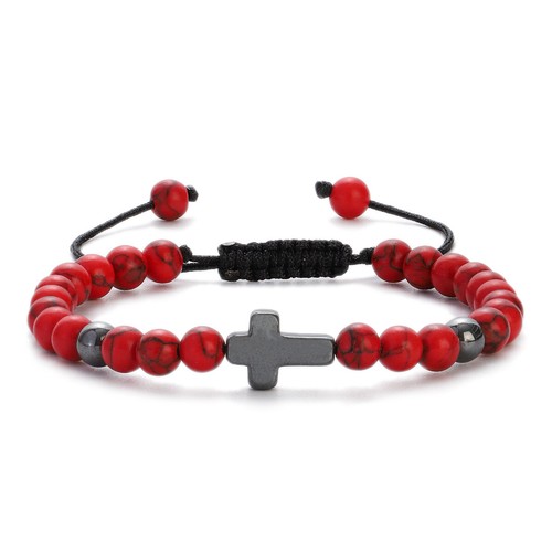 Handmade Cross Beaded Bracelet 6mm Red Turquoise Bead Adjustable Bracelet Bangle - Picture 3 of 6