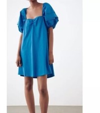 New Zara Women Voluminous Sleeve Blue Mini Dress Size 8 - 10