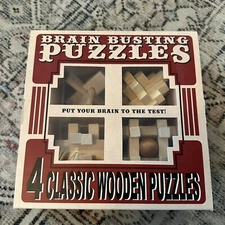 Brain Busting Puzzles, 4 Classic Wooden Puzzles, IQ Brain Teaser 3D Puzzles